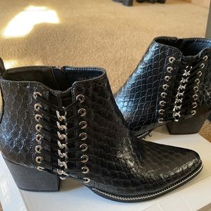 Black Leather Boots, With Beautiful Unique Silver Chain Details (See Pictures)